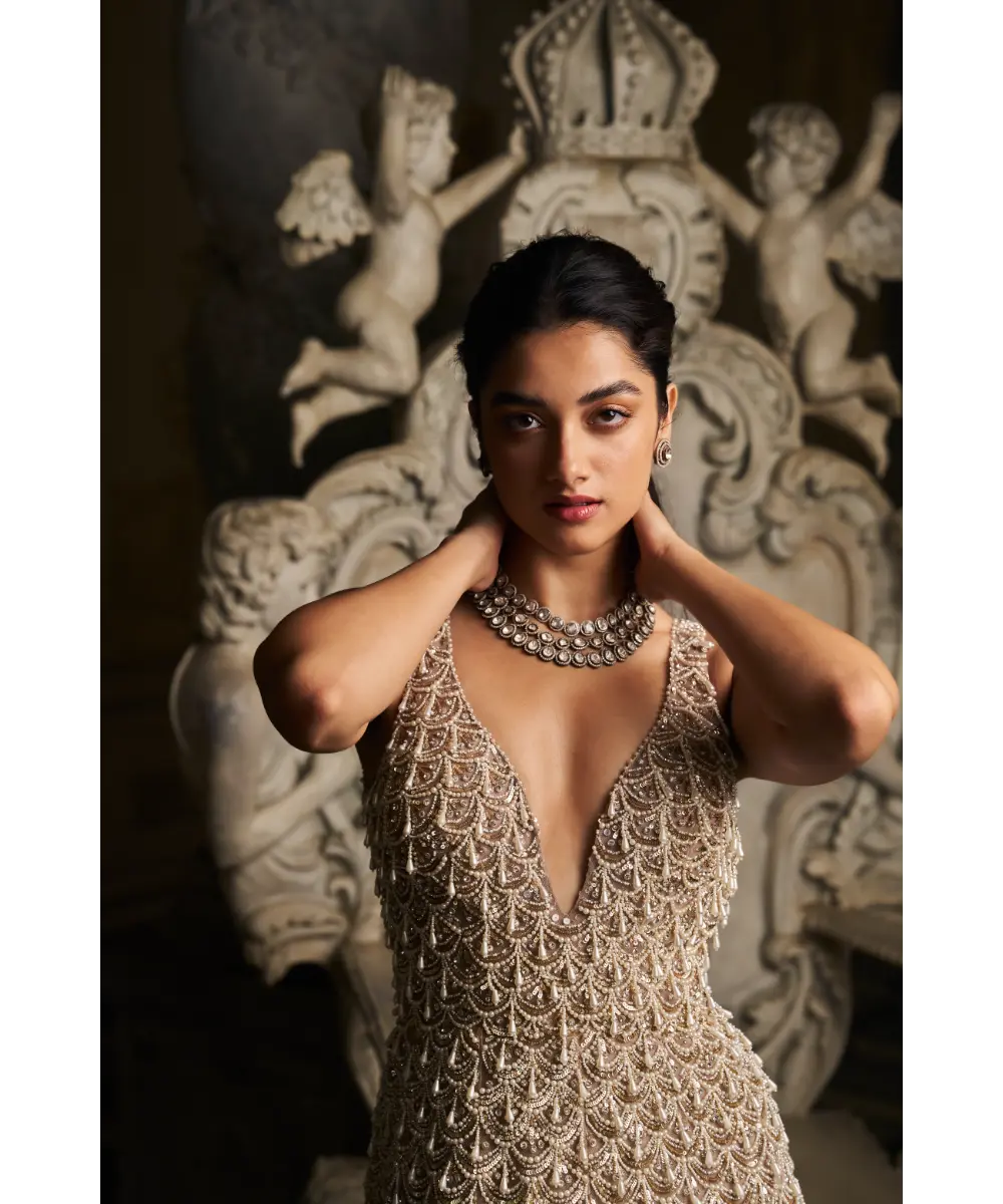 SEEMA GUJRAL- Nude Scalloped Gown